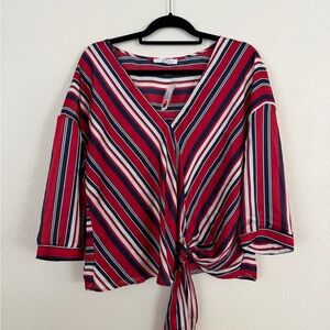 Miss Lili Red White Navy Striped Tie-Front V-Neck Blouse